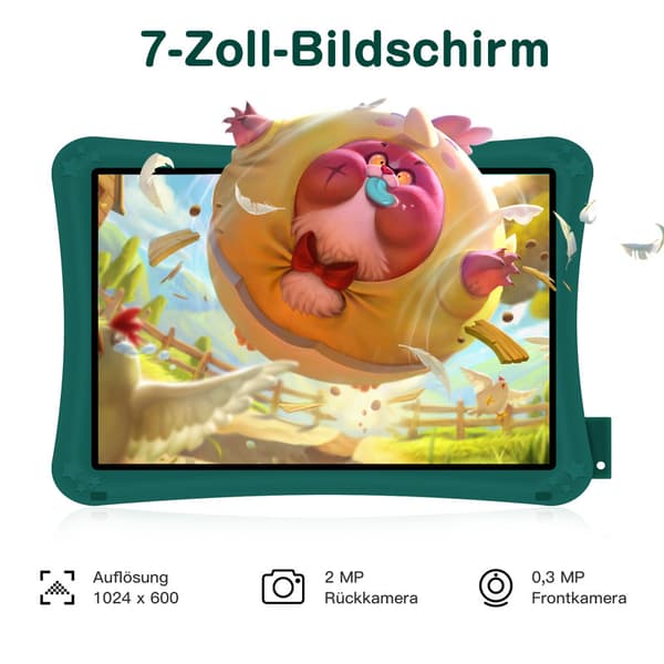Green Kids Tablet, 7 tum, 2 GB RAM, 32 GB ROM, Android 11, HD Pekskärm med främre och bakre kameror