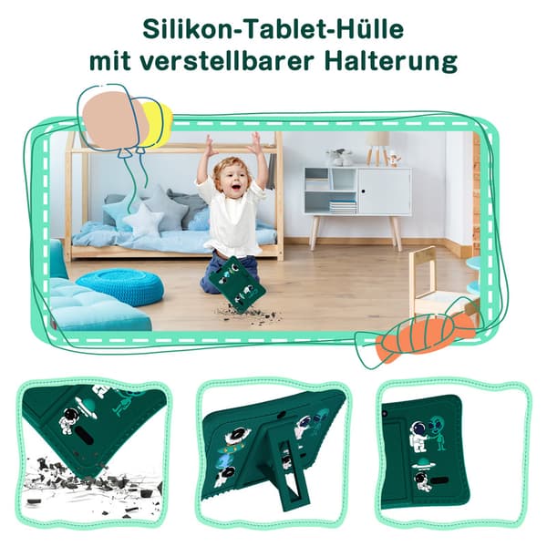 Green Kids Tablet, 7 tum, 2 GB RAM, 32 GB ROM, Android 11, HD Pekskärm med främre och bakre kameror
