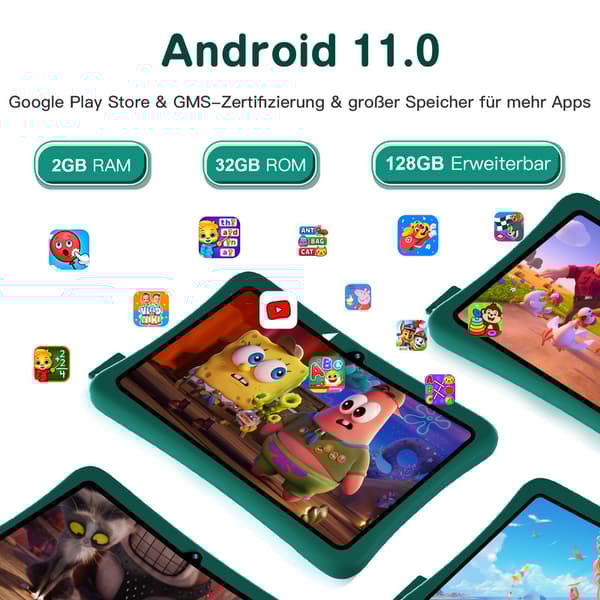 Green Kids Tablet, 7 tum, 2 GB RAM, 32 GB ROM, Android 11, HD Pekskärm med främre och bakre kameror
