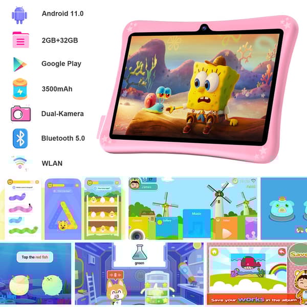 Lyserød børnetablet, 7 tommer, 2 GB RAM, 32 GB ROM, Android 11, HD-berøringsskærm med front- og bagkameraer