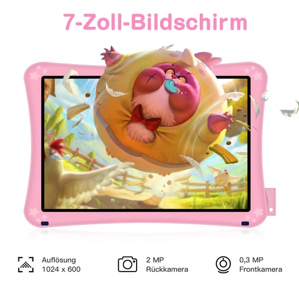 Lyserød børnetablet, 7 tommer, 2 GB RAM, 32 GB ROM, Android 11, HD-berøringsskærm med front- og bagkameraer