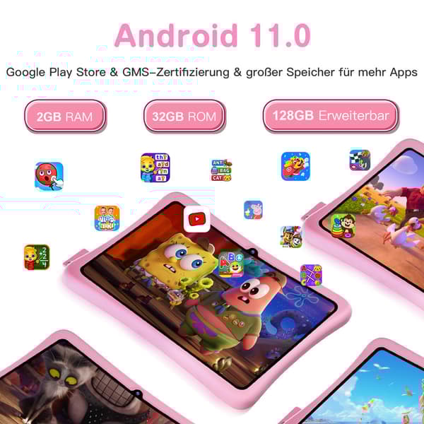 Lyserød børnetablet, 7 tommer, 2 GB RAM, 32 GB ROM, Android 11, HD-berøringsskærm med front- og bagkameraer