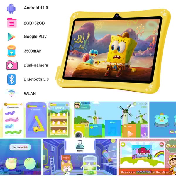 Gul børnetablet, 7 tommer, 2 GB RAM, 32 GB ROM, Android 11, HD-berøringsskærm med front- og bagkameraer