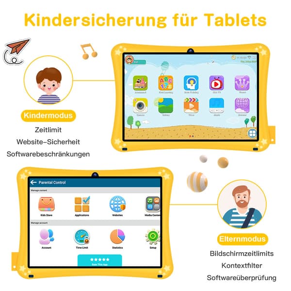 Gul børnetablet, 7 tommer, 2 GB RAM, 32 GB ROM, Android 11, HD-berøringsskærm med front- og bagkameraer