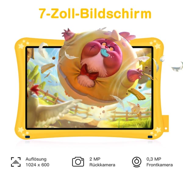 Gul børnetablet, 7 tommer, 2 GB RAM, 32 GB ROM, Android 11, HD-berøringsskærm med front- og bagkameraer