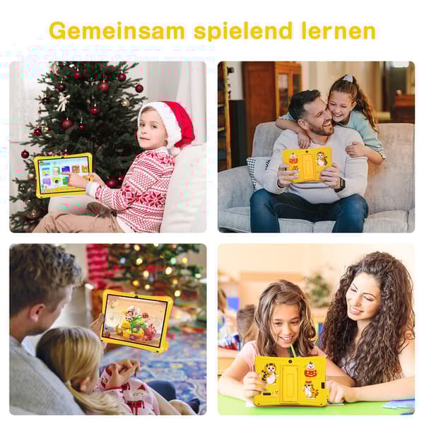 Gul børnetablet, 7 tommer, 2 GB RAM, 32 GB ROM, Android 11, HD-berøringsskærm med front- og bagkameraer
