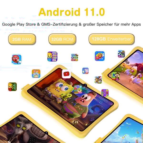 Gul børnetablet, 7 tommer, 2 GB RAM, 32 GB ROM, Android 11, HD-berøringsskærm med front- og bagkameraer