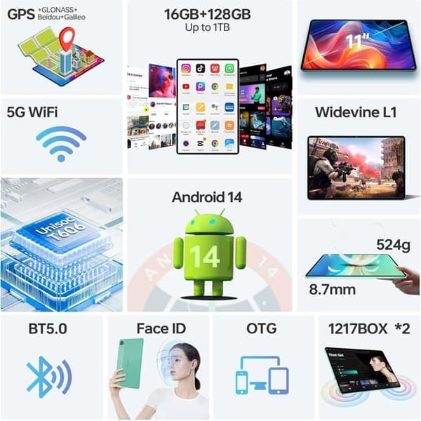 OUKITEL OT11 11 Tums Pekskärm, Android 14, 16GB+128GB Octa-Core, 5G Wifi, 4G SIM 8000mAh, Pekplatta med Stylus, Grå