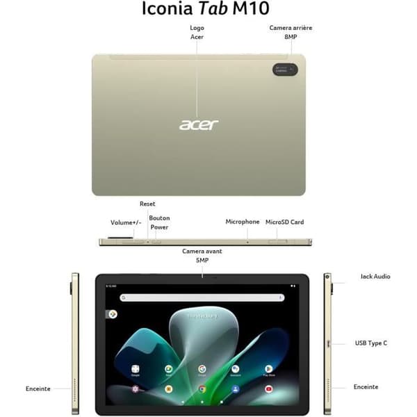 Acer Iconia Tab M10-11, 10,1'' WUXGA IPS pekskärm med Bumper Case MediaTek M8183C, RAM 4 Go, SSD 128 Go, Bluetooth, U