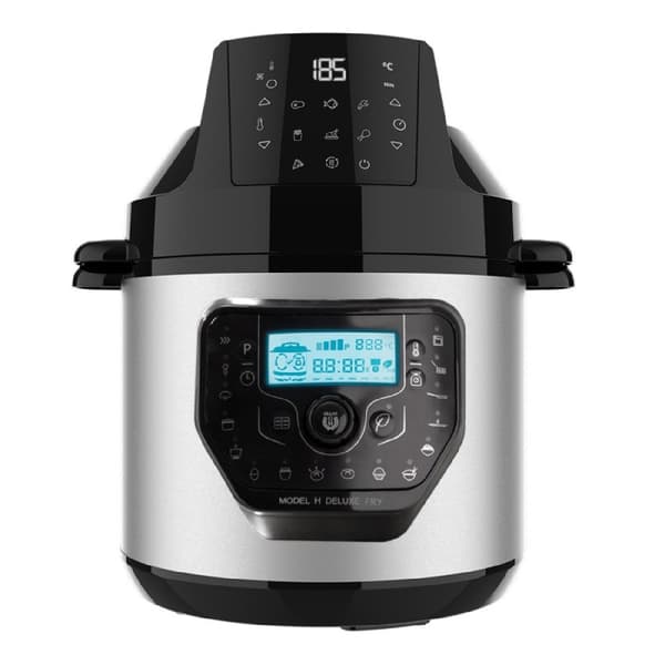 Cecotec 6-litre capacity programmable electric cooker with fryer component and scale.