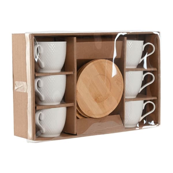 Set of 6 Cups with Plate Home ESPRIT White Natural Bamboo Porcelain 220 ml