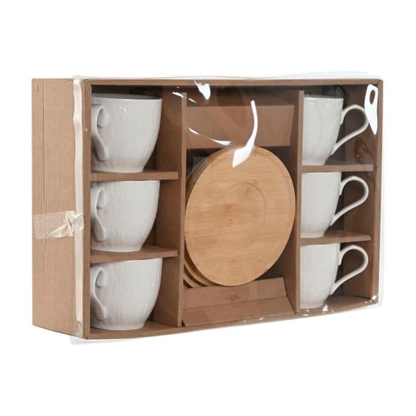 Set of 6 Cups with Plate Home ESPRIT White Natural Bamboo Porcelain 220 ml