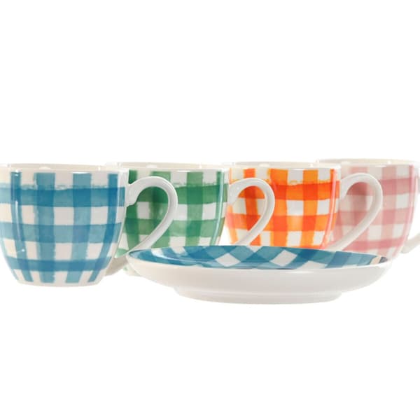 Set of 6 Cups with Plate Home ESPRIT Blue White Green Orange Pink Porcelain Stripes Mediterranean 90 ml