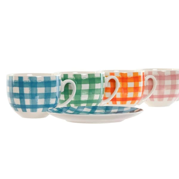 Set of 6 Cups with Plate Home ESPRIT Blue Green Orange Pink Porcelain Stripes Mediterranean 240 ml