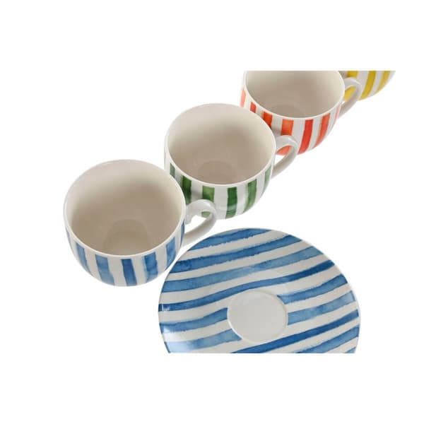 Set of 6 Cups with Plate Home ESPRIT Yellow Blue Green Coral Porcelain Stripes Mediterranean 240 ml