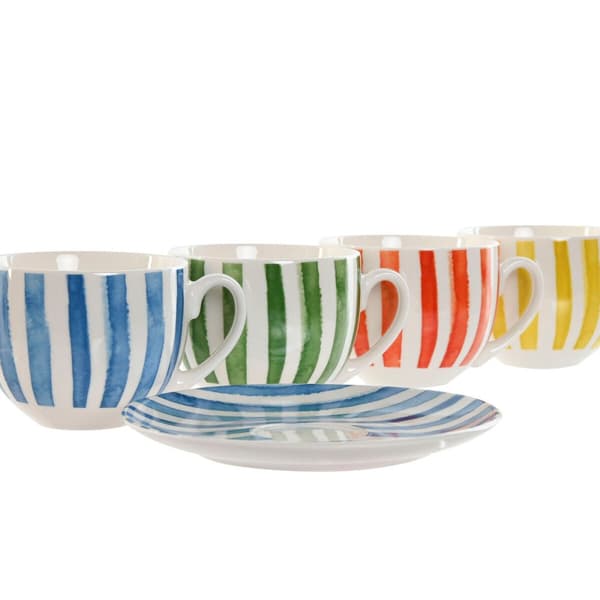 Set of 6 Cups with Plate Home ESPRIT Yellow Blue Green Coral Porcelain Stripes Mediterranean 240 ml
