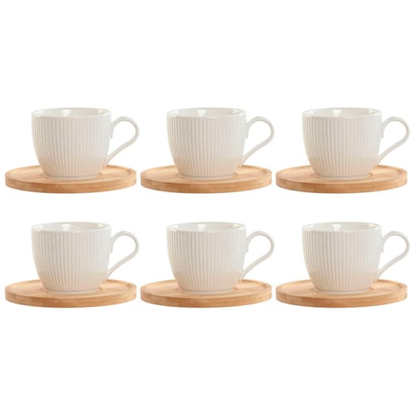 Set of 6 Cups with Plate Home ESPRIT White Natural Bamboo Porcelain 220 ml