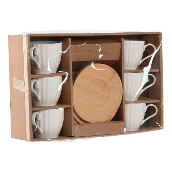Set of 6 Cups with Plate Home ESPRIT White Natural Bamboo Porcelain 220 ml