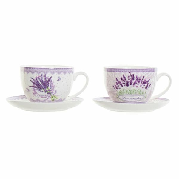 Cup with Plate DKD Home Decor White Green Lilac Porcelain 220 ml (2 Units)