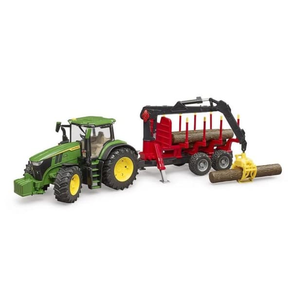 Bruder 03154 John Deere 7R 350 Traktor + släp och 4 bomstammar