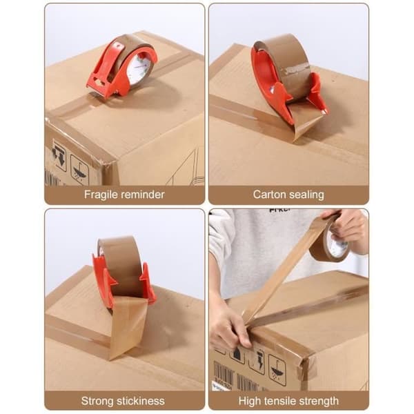 Set om 6 stycken brun plasttejp för förpackning, 48mm*60m med dispenser, kartongförpackning, flytttejp.