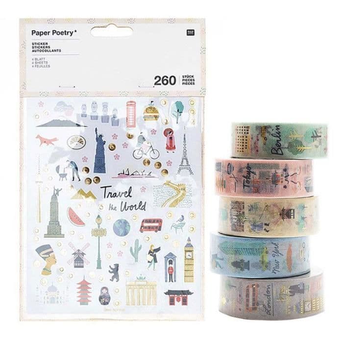 260 klistermärken & 5 maskeringstejper Världens städer och monument