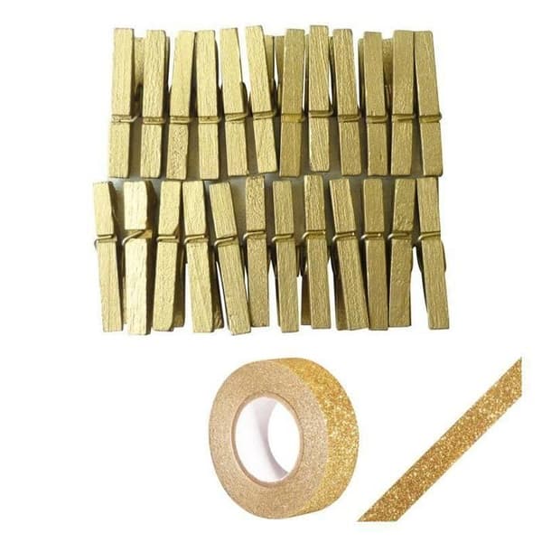 24 mini gyllene klädnypor + gyllene glitter maskeringstejp 5 m