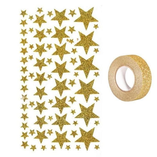 Guld glitter stjärnklistermärken + gyllene glitter maskeringstejp 5 m