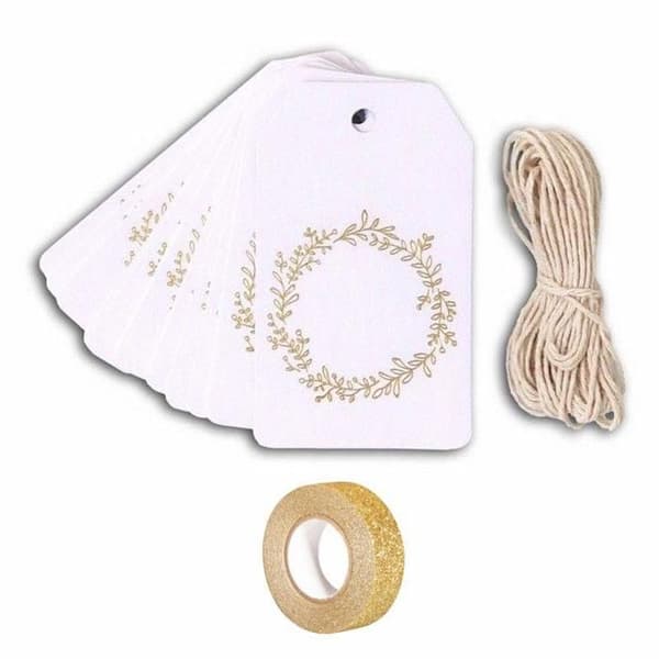 20 vita etiketter 4,5 x 8 cm Krona av gyllene blommor &amp; snöre + gyllene glitter maskeringstejp 5 m