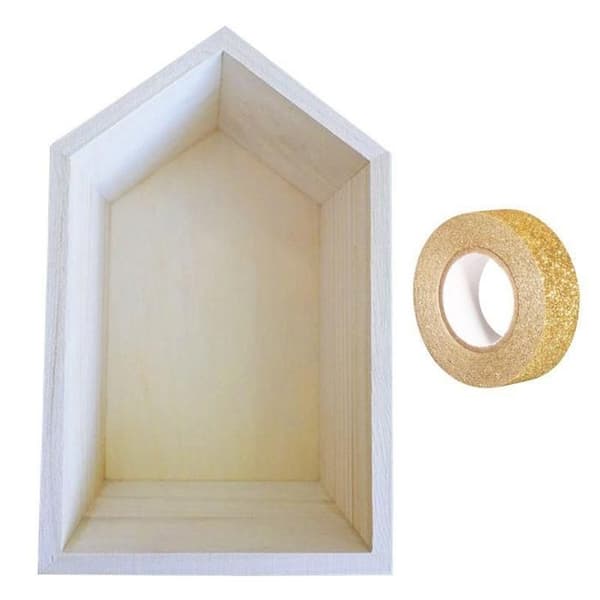 Trähylla hem 22,5 x 14 x 10 cm + guldglittrigt washi-tejp 5 m