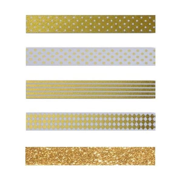 4 st vit &amp; guld maskeringstejp + 1 gyllene glitter maskeringstejp