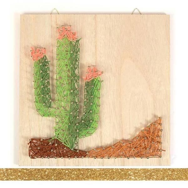 Coffret med trärahmen String Art 22 x 22 cm Kaktus + guldmaskeringstejp med glitter 5 m