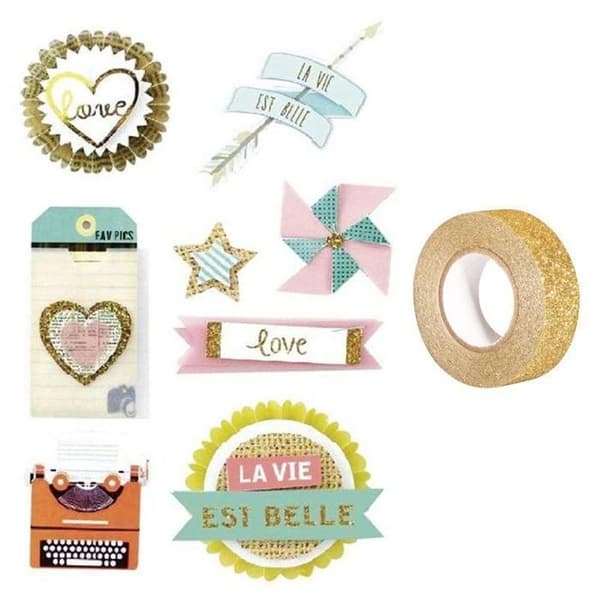 8 roliga 3D-effektklistermärken 5 cm + gyllene glitter maskeringstejp 5 m