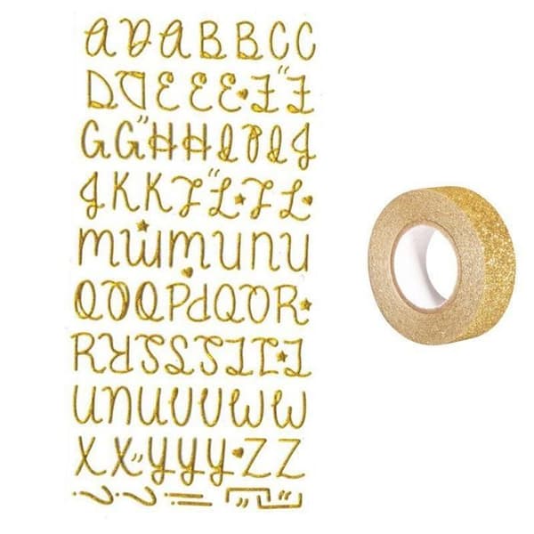 Gyllene glitter alfabet klistermärken + gyllene glitter maskeringstejp 5 m