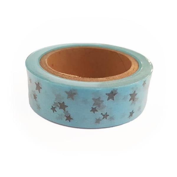 Washi Tape blå med silverstjärnor 15 m x 15 mm