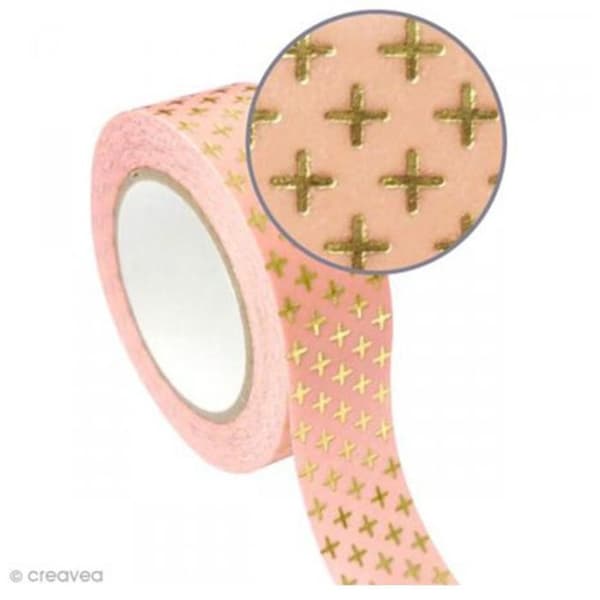2 st maskeringstejper 1,5 cm x 10 m - rosa bakgrund och gyllene kors