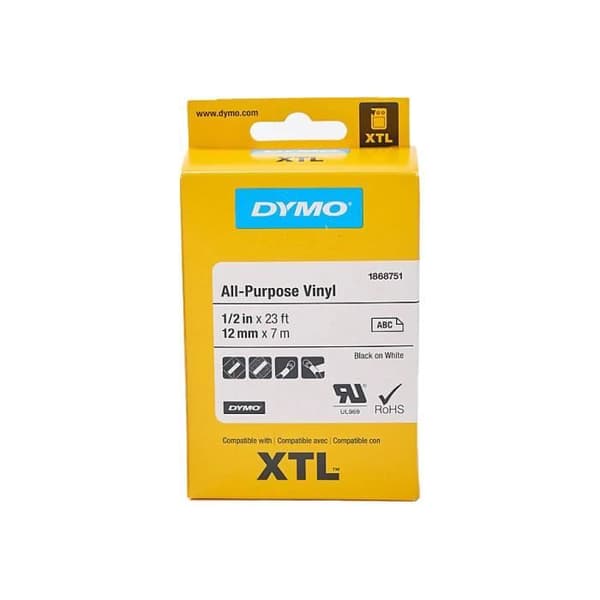 Permanent självhäftande tejp - DYMO - XTL - 12mm x 7m - Svart på vitt - Fuktbeständig