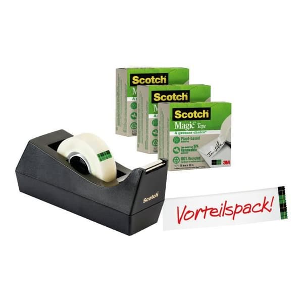 Scotch C38 + Scotch Magic 900 Greener Choice dispenser med kontorstejp (3 rullar) 19 mm x 33 m svart dispenser