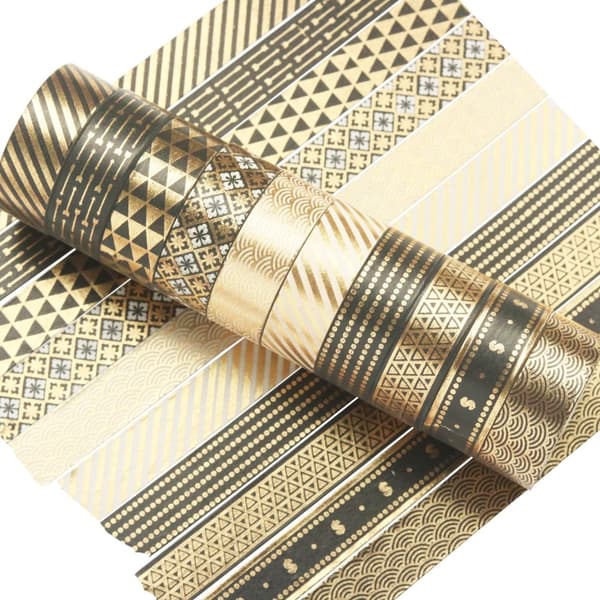 INF Sæt med 10 Sort Washi Tape med Guldfolie, Dekorativt Selvklæbende Tape