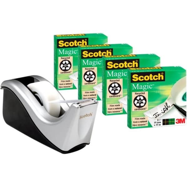 Rulle med självhäftande tejp med dispenser - 3M - C60 - 19 mm x 33 m - Grå - Set med 4 rullar