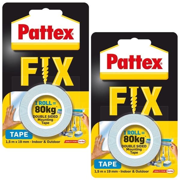 2x Pattex FIX 80 kg dubbelhäftande tejp 1,5 m x 19 mm