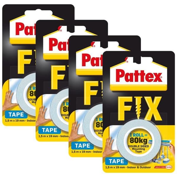 4x Pattex FIX 80 kg dubbelhäftande tejp 1,5 m x 19 mm