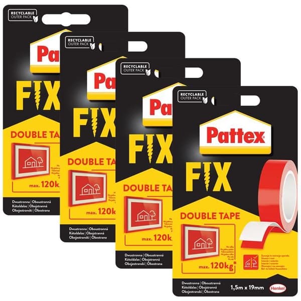 4x Pattex FIX 120 kg dubbelhäftande tejp 1,5 m x 19 mm