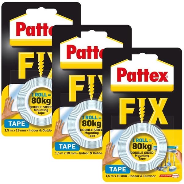 3x Pattex FIX 80 kg dubbelhäftande tejp 1,5 m x 19 mm