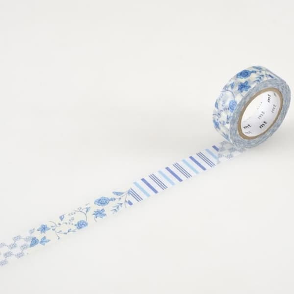 Maskeringstejp blå blommor washi självhäftande papperstejp 1,5 cm x 10 m Blå