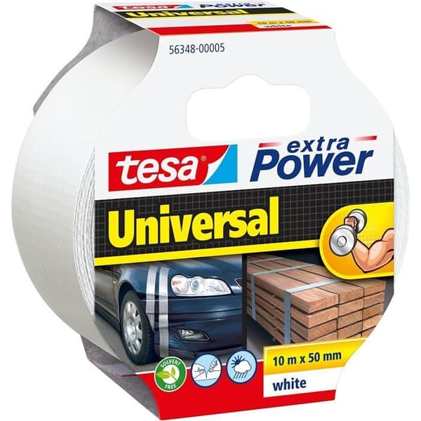 Förpackning med 6 Universal Extra Power Tejp 50 mm x 10 m Vit