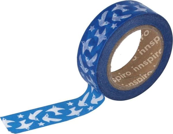 Maskeringstejp - maskeringstejp Innspiro - 17444 - Maskeringstejp Washi fåglar blå 15 mm x 10 x m. Overseas Series