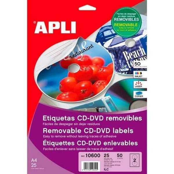 Tejp - självhäftande skum Apli - 10600 - Pappersset med 50 avtagbara CD-etiketter