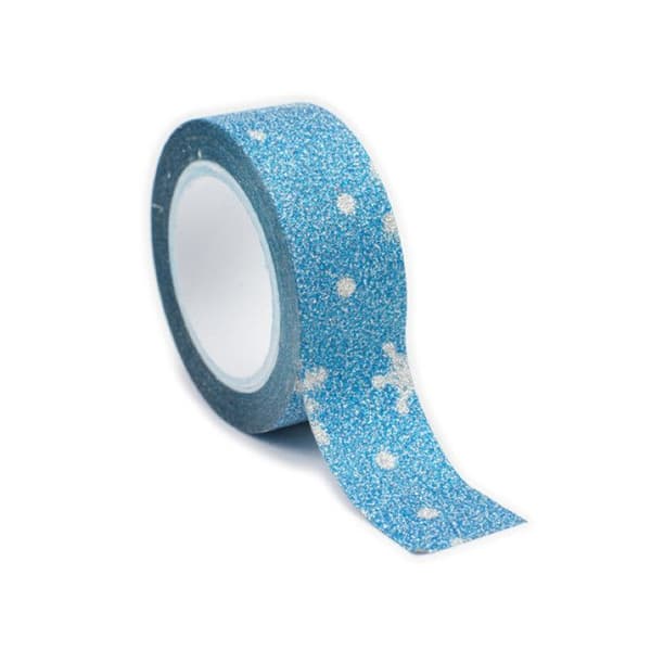 Maskeringstejp pailleté 1,5 cm Snöflinga blå