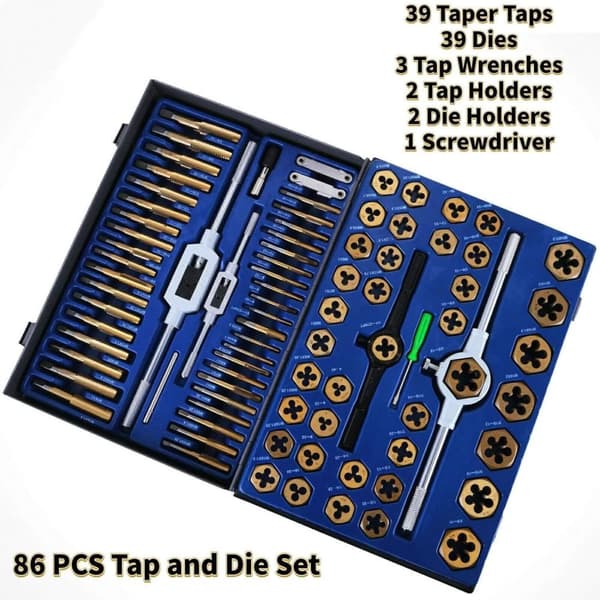 86st multifunktionell effektiv Taps och Dies kit, volfram stålmaterial, med låda